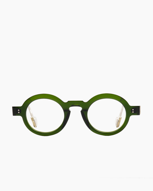 green plastic round eyeglasses by Anne et Valentin model DORIAN, front view, lunettes de vue rond couleur vert