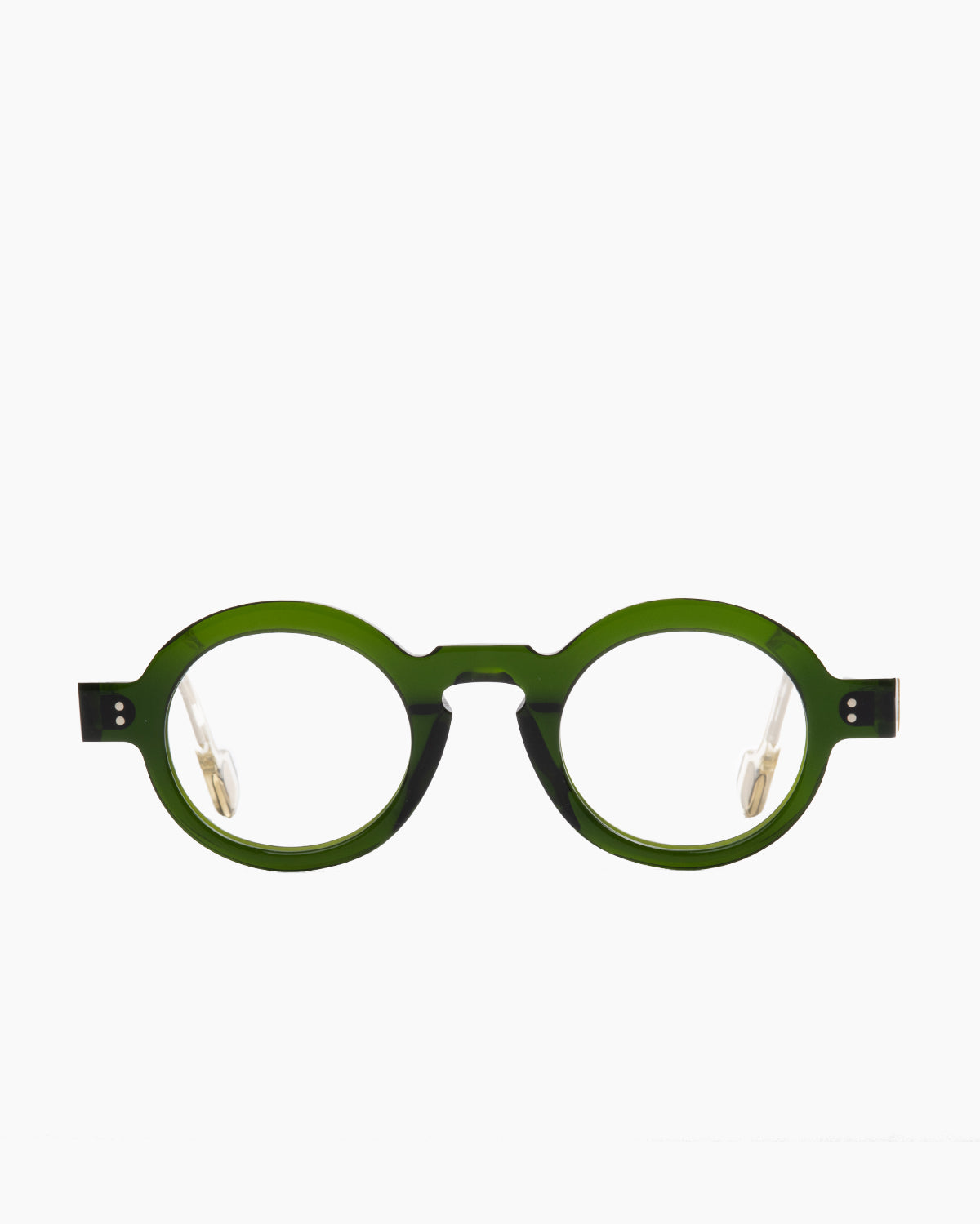 green plastic round eyeglasses by Anne et Valentin model DORIAN, front view, lunettes de vue rond couleur vert