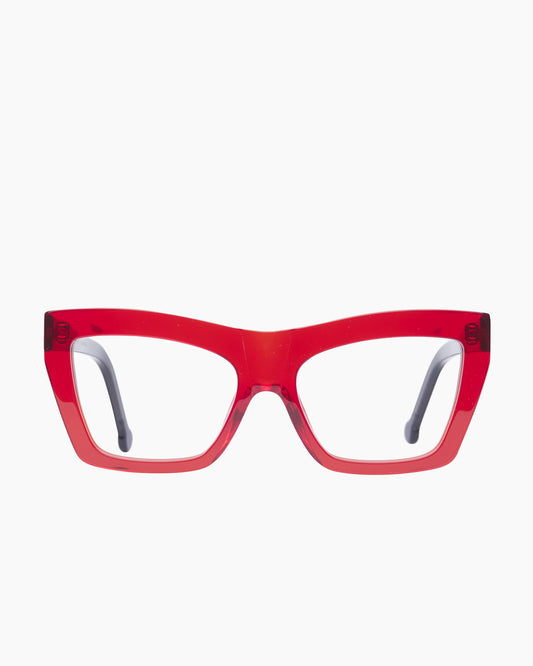 red plastic cat eyeglasses by Marie-Sophie Dion model Mariano, front view, lunettes de vue chat couleur Rouge