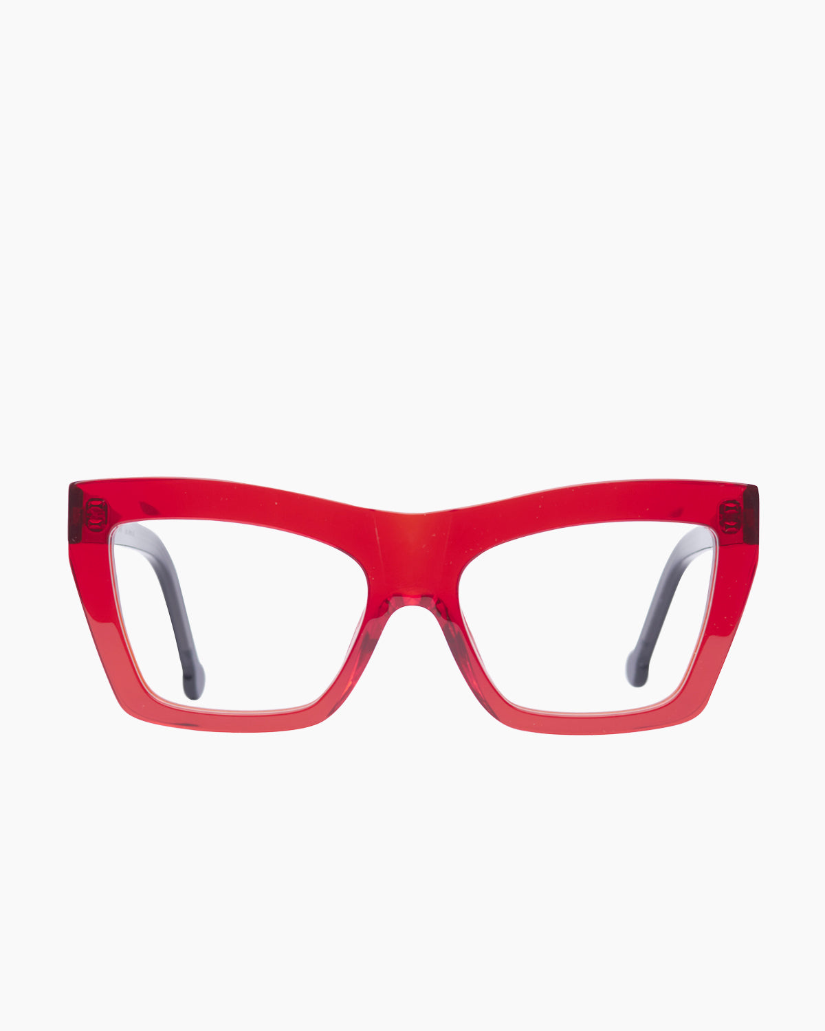 red plastic cat eyeglasses by Marie-Sophie Dion model Mariano, front view, lunettes de vue chat couleur Rouge
