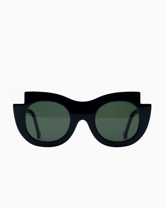 black plastic round  sunglassesby Marie-Sophie Dion model Latraverse2Sun, front view, lunettes de vue rond couleur Noir