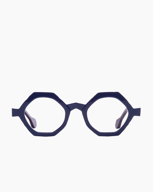 purple plastic hexagon eyeglasses by Anne et Valentin model Etude2, front view, lunettes de vue hexagone couleur violet