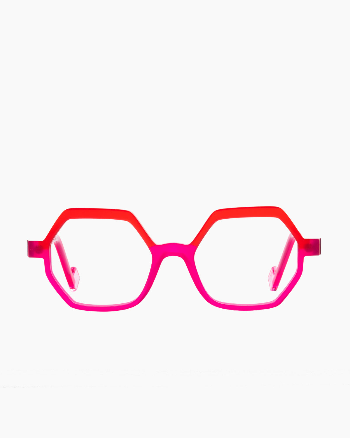 pink plastic hexagon eyeglasses by Anne et Valentin model LOGIK, front view, lunettes de vue hexagone couleur rose