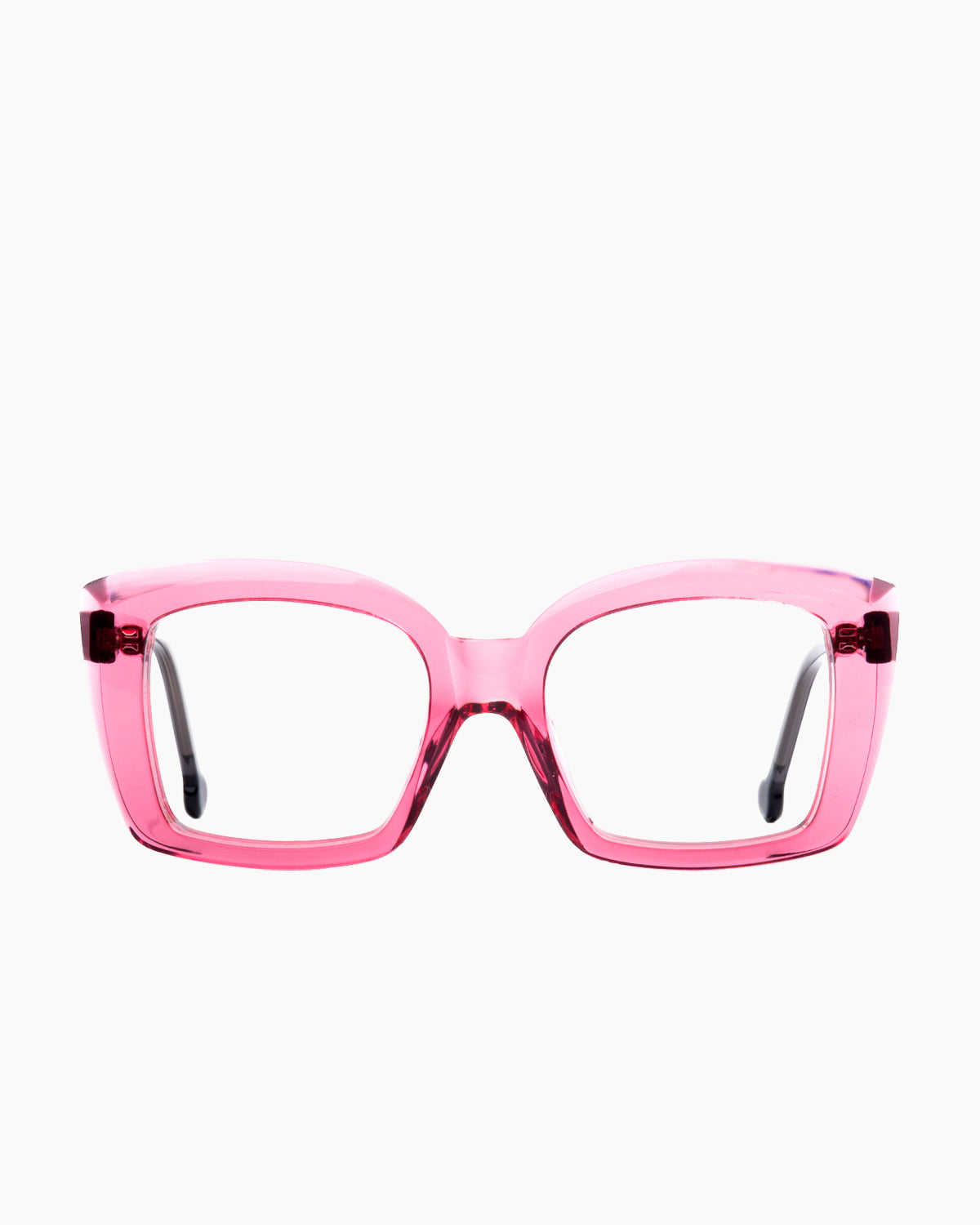 pink plastic butterfly eyeglasses by Marie-Sophie Dion model , front view, lunettes de vue rose papillon