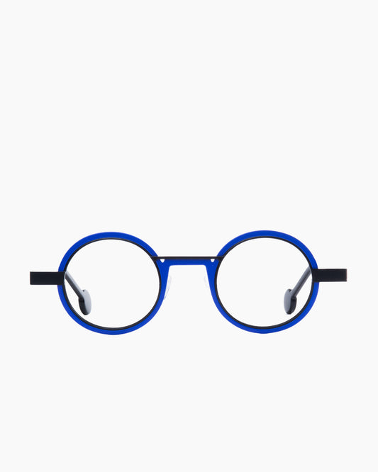 blue metal round eyeglasses by Anne et Valentin model wellok, front view, lunettes de vue rond couleur bleu
