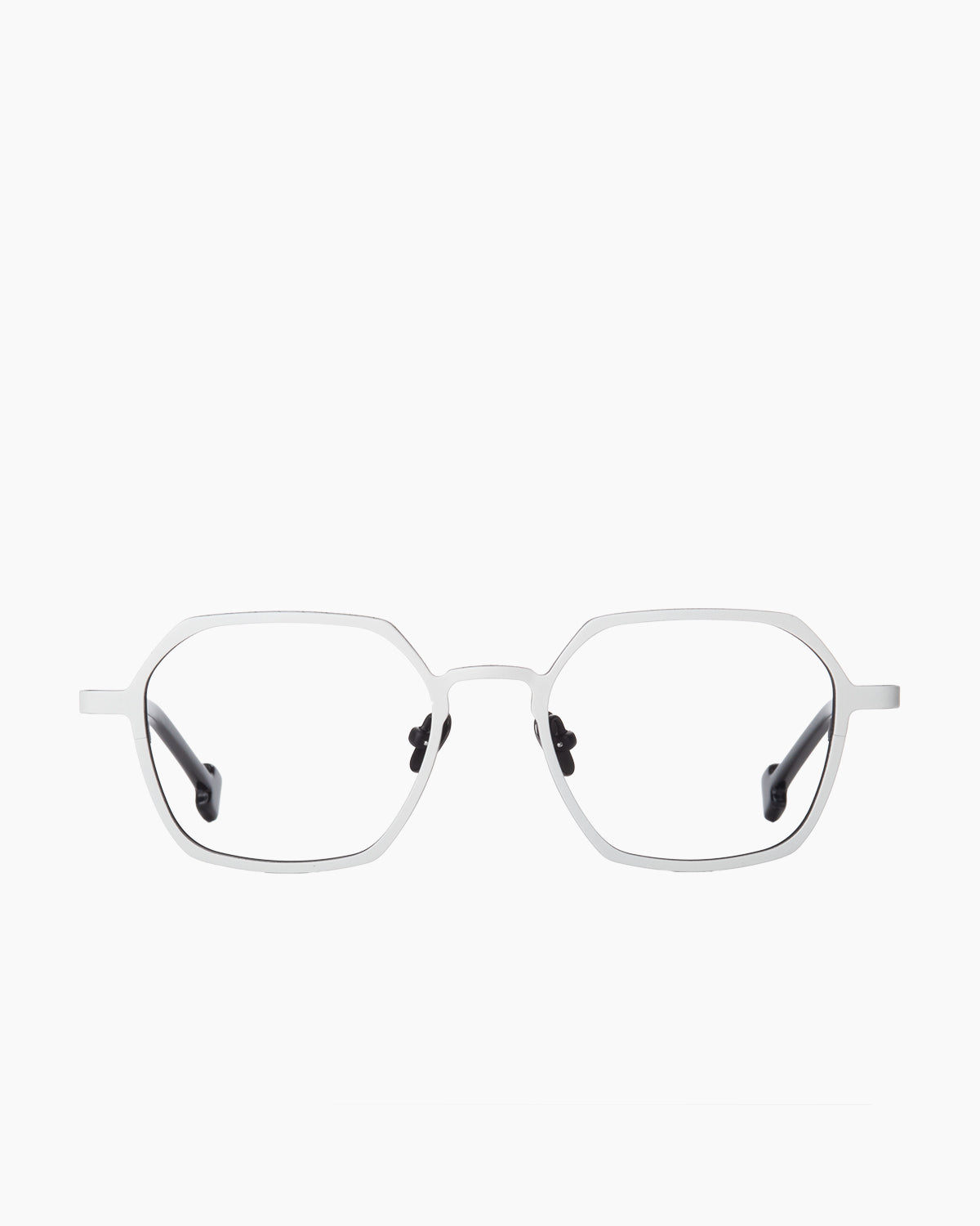 white metal hexagon eyeglasses by Spectacleeyeworks model , front view, lunettes de vue blanc hexagone