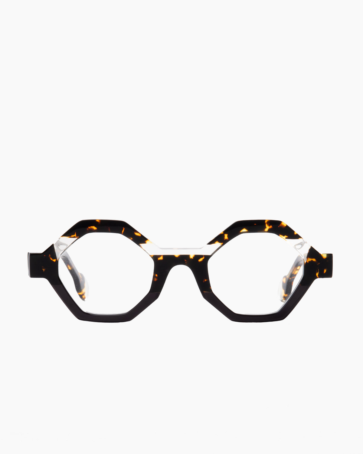 tortoise plastic hexagon eyeglasses by Anne et Valentin model Haha, front view, lunettes de vue hexagone couleur écaille de tortue
