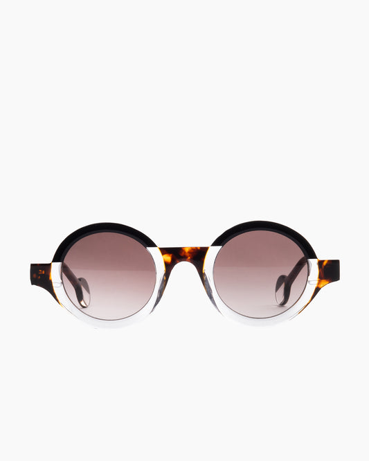 tortoise plastic round sunglassesby Theo model Kubisme, front view, lunettes de vue rond couleur écaille de tortue