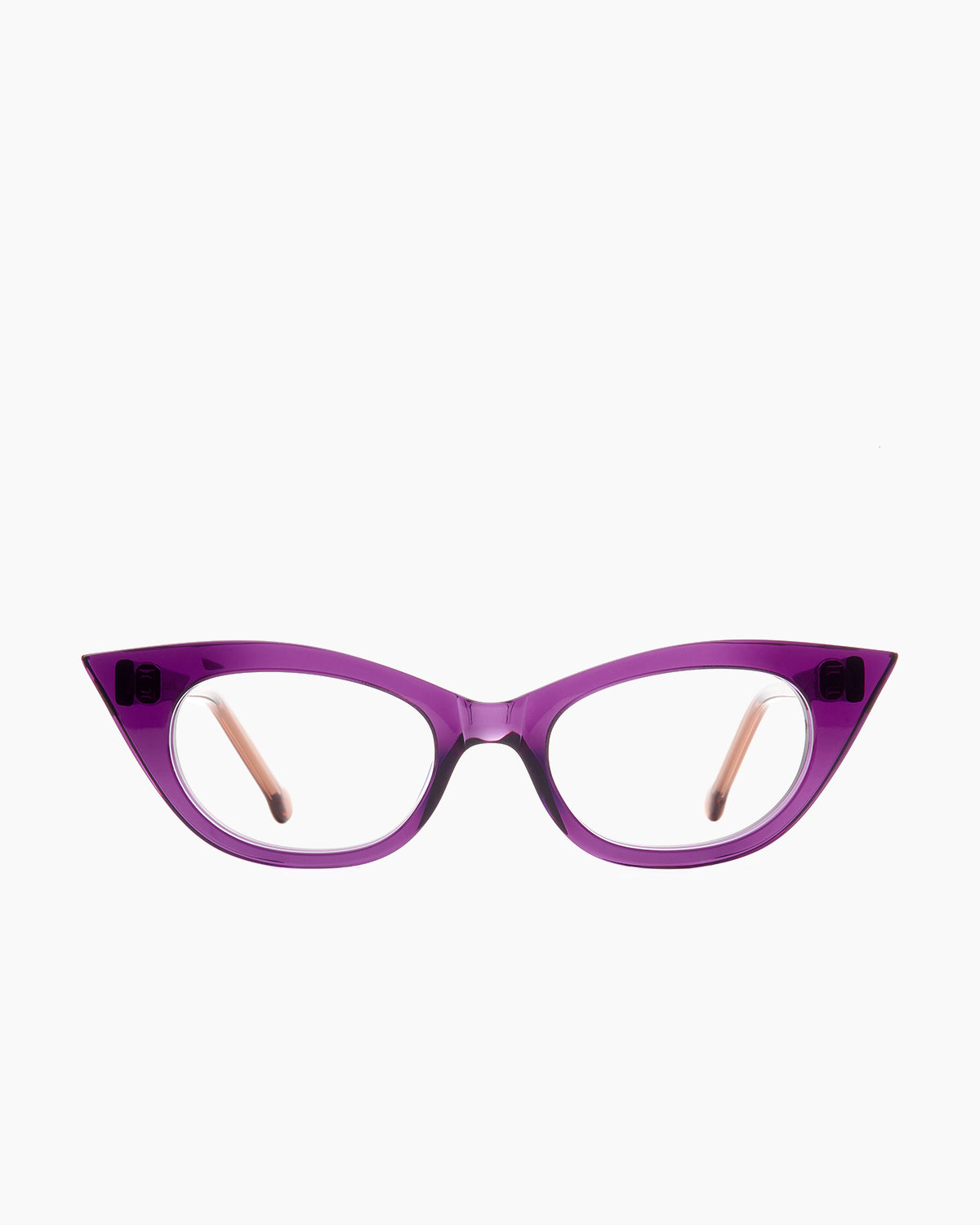 purple plastic cat eyeglasses by Marie-Sophie Dion model Chatelier, front view, lunettes de vue chat couleur violet