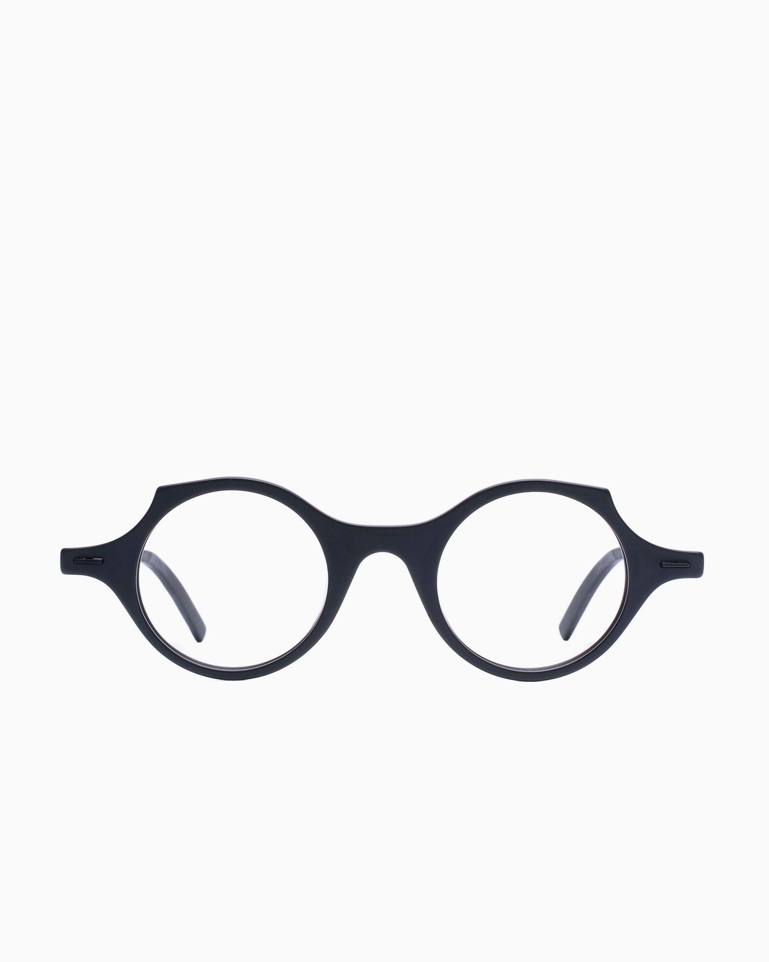 black plastic round eyeglasses by Theo model patatas, front view, lunettes de vue Noir rond
