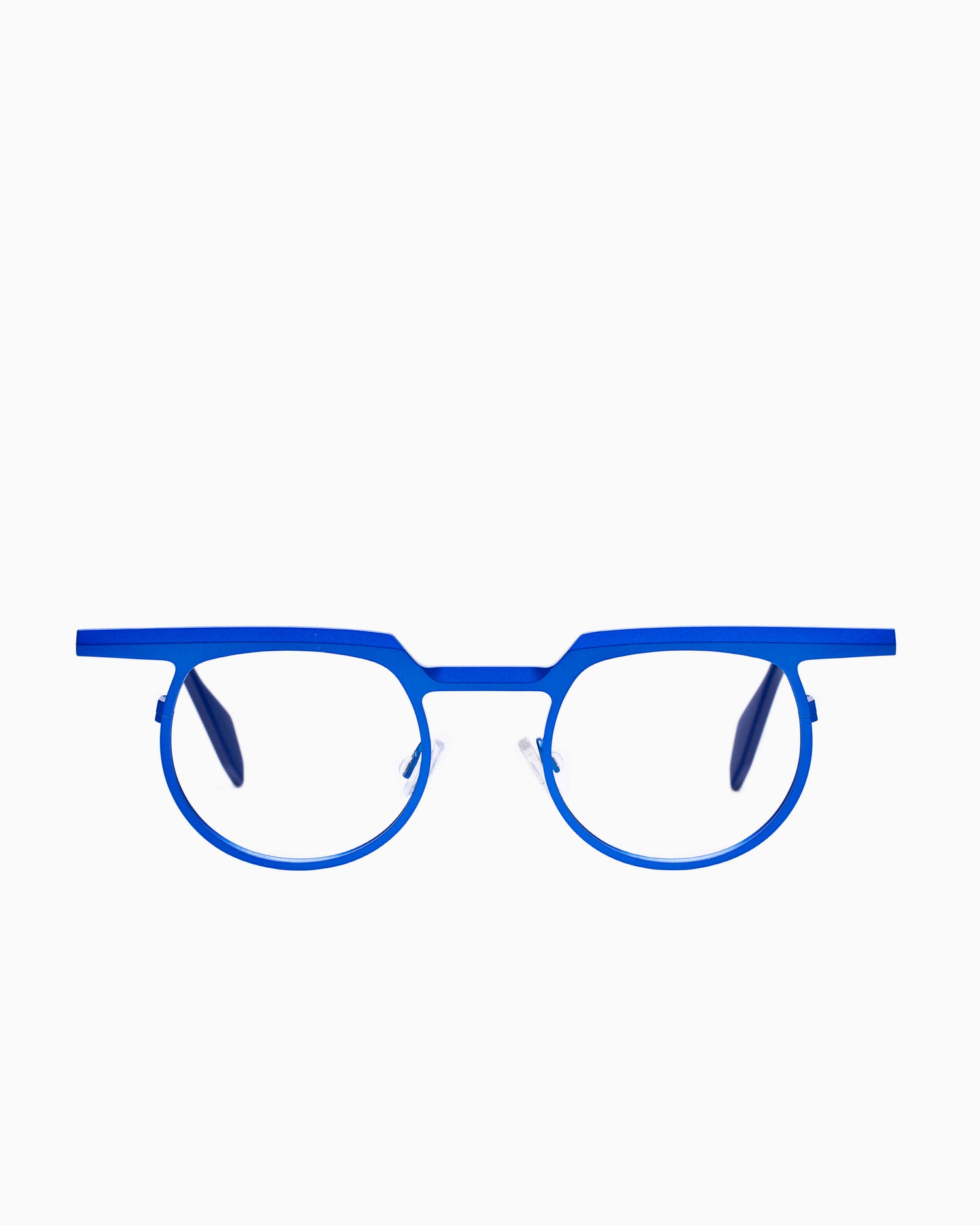 blue metal round eyeglasses by Theo model Zinnia, front view, lunettes de vue Bleu rond