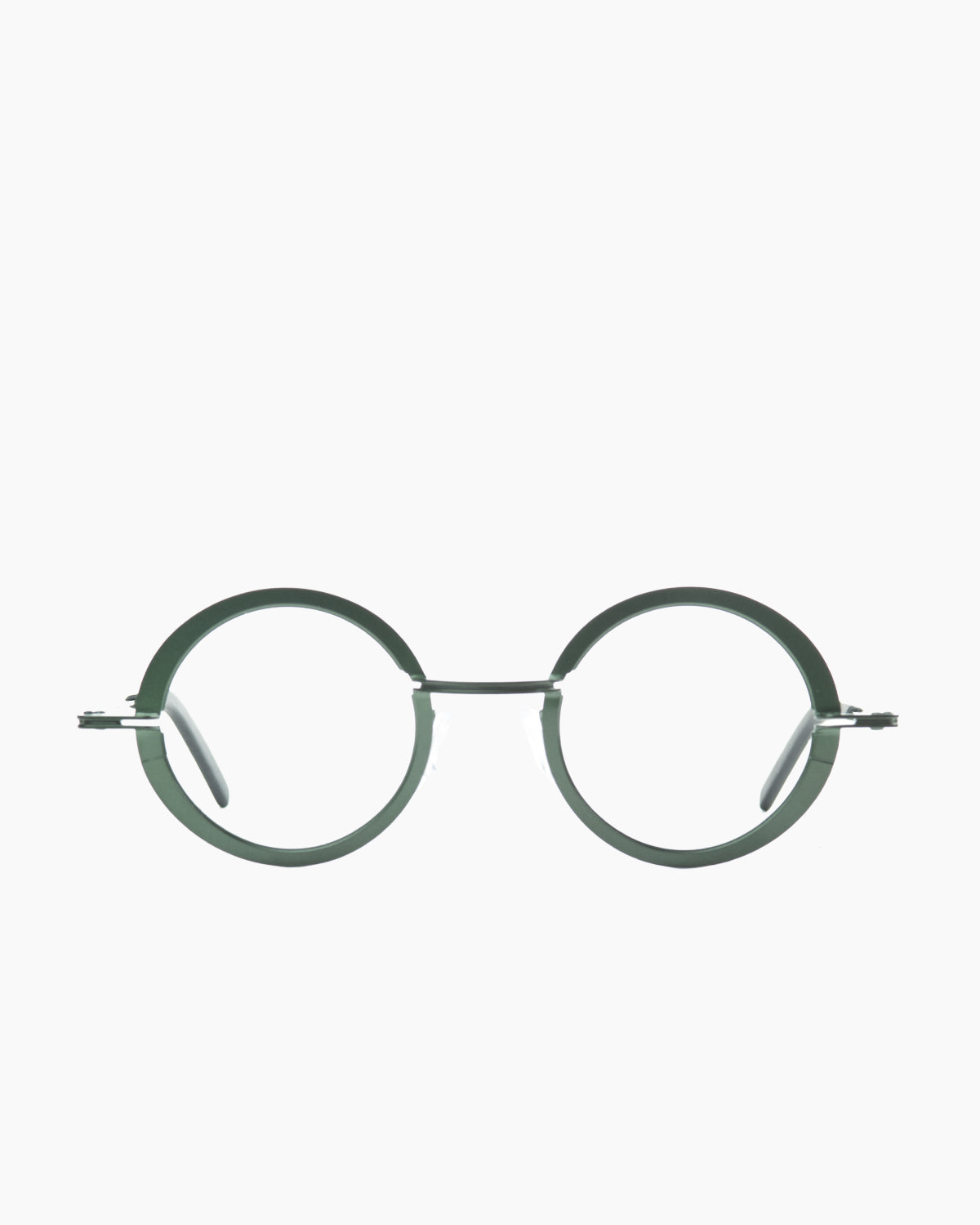 green metal round eyeglasses by Theo model crunchy, front view, lunettes de vue rond couleur vert