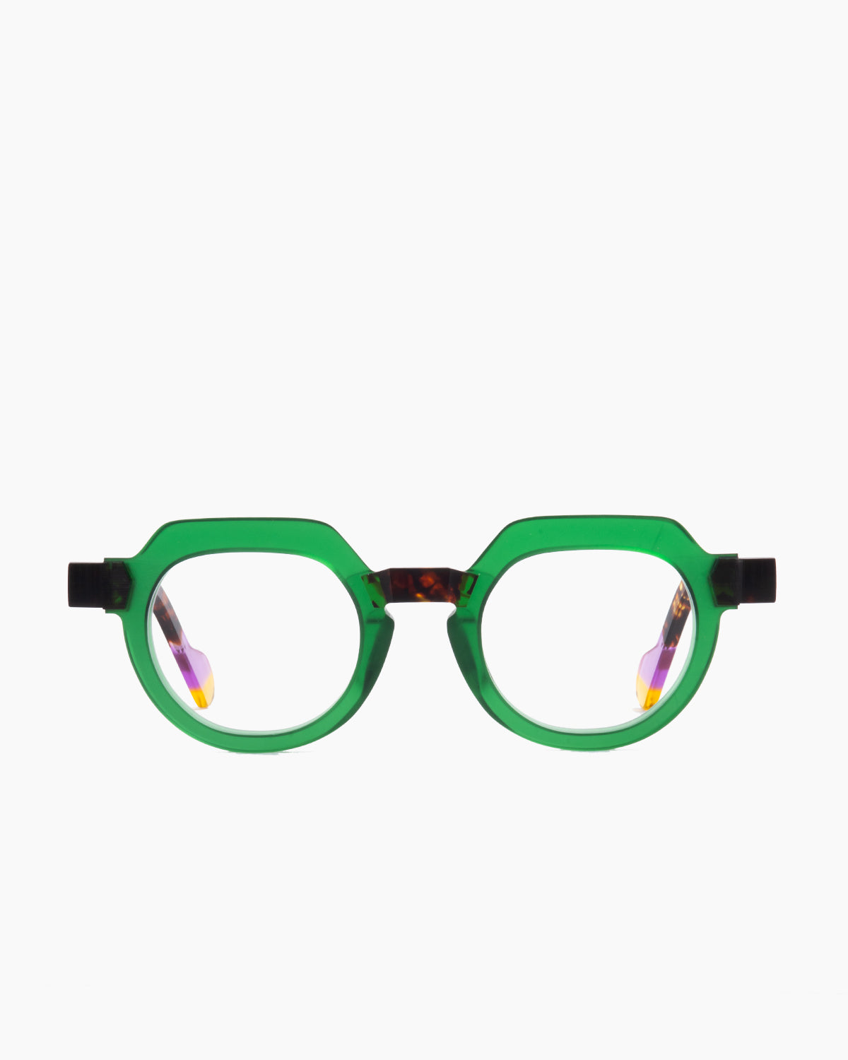 green plastic round eyeglasses by Anne et Valentin model raw6, front view, lunettes de vue rond couleur vert