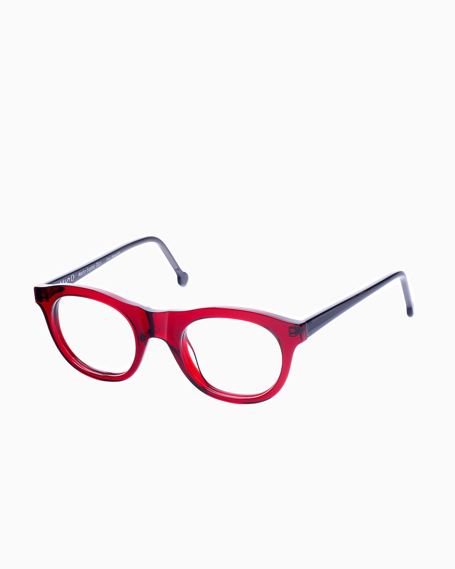 red plastic oval eyeglasses by Marie-Sophie Dion model LEcuyer, front view, lunettes de vue ovale couleur bourgogne