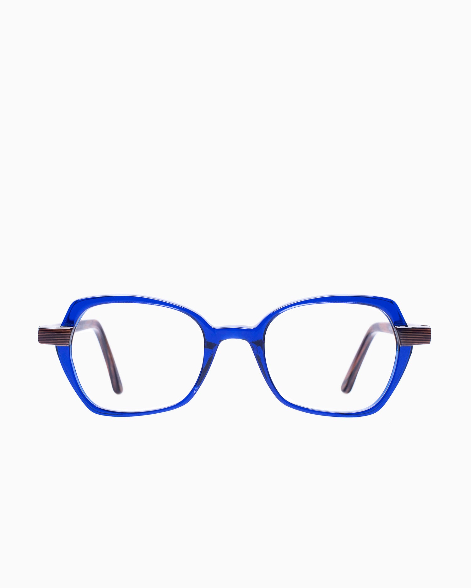 blue plastic butterfly eyeglasses by Traction model MASAKO, front view, lunettes de vue Bleu papillon