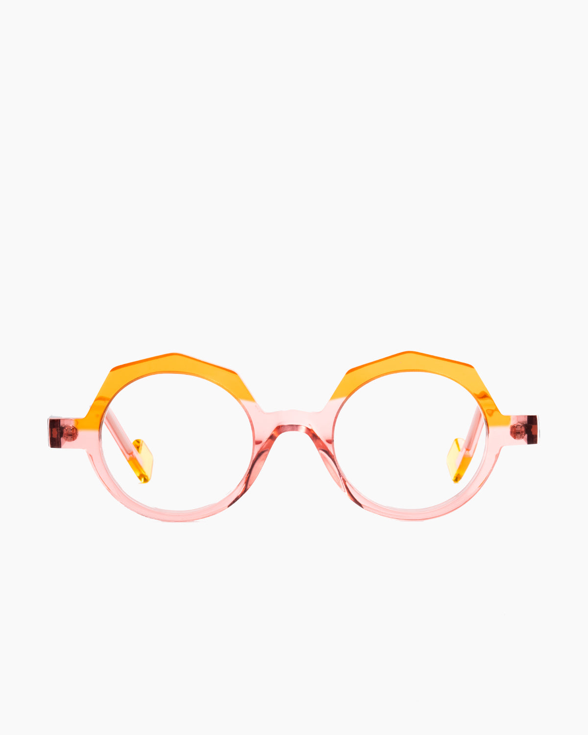 pink plastic round eyeglasses by Anne et Valentin model LOCK, front view, lunettes de vue rose rond