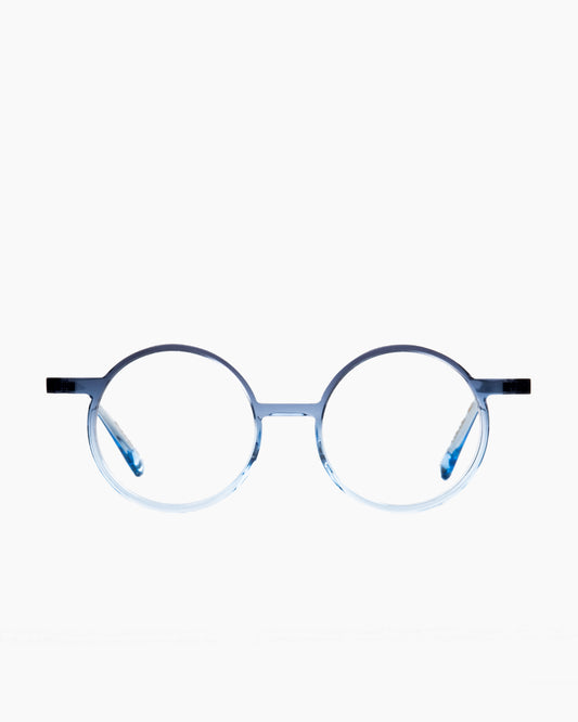 blue plastic round eyeglasses by Gamine model Södermalm kids, front view, lunettes de vue rond couleur bleu