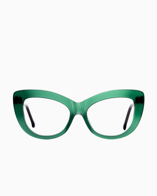 green plastic cat eyeglasses by Marie-Sophie Dion model Gatsby, front view, lunettes de vue chat couleur vert
