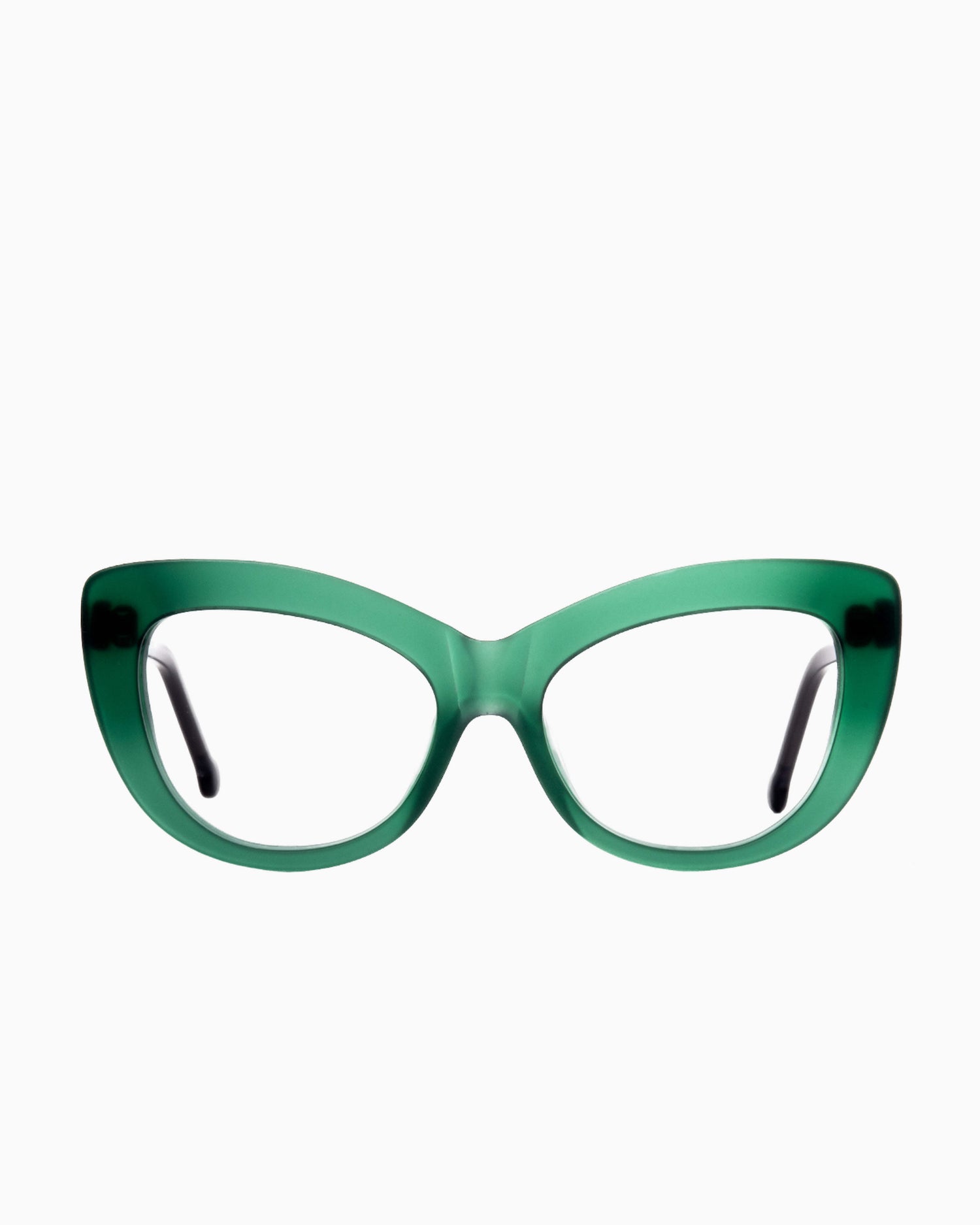 green plastic cat eyeglasses by Marie-Sophie Dion model Gatsby, front view, lunettes de vue chat couleur vert