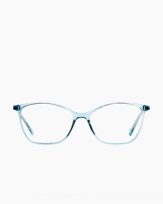 blue plastic butterfly eyeglasses by Evolve model EL1, front view, lunettes de vue papillon couleur bleu