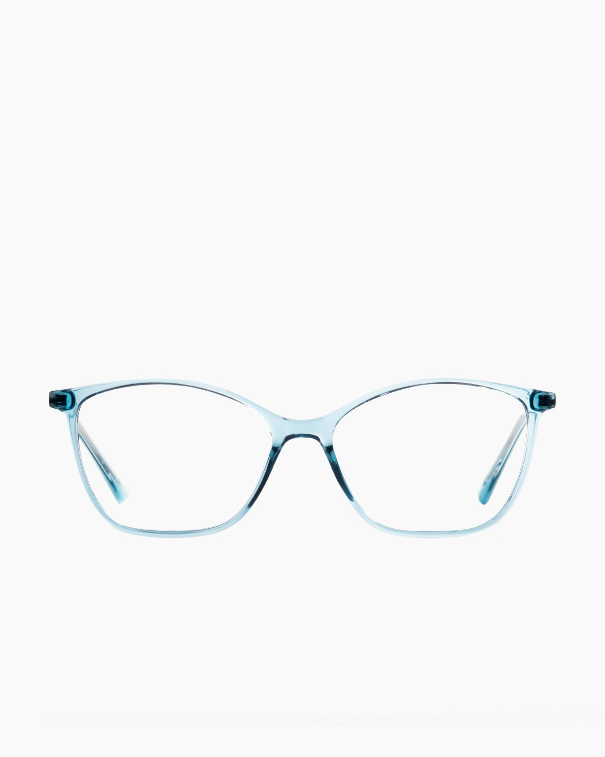 blue plastic butterfly eyeglasses by Evolve model EL1, front view, lunettes de vue papillon couleur bleu