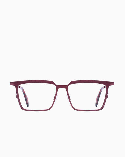 red metal rectangle eyeglasses by Theo model Barion, front view, lunettes de vue rectangle couleur Rouge