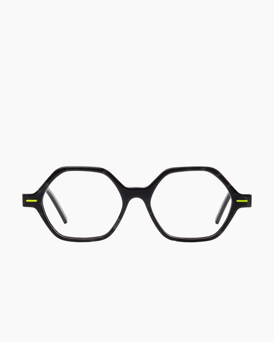 black plastic hexagon eyeglasses by Theo model Tantu, front view, lunettes de vue hexagone couleur noir