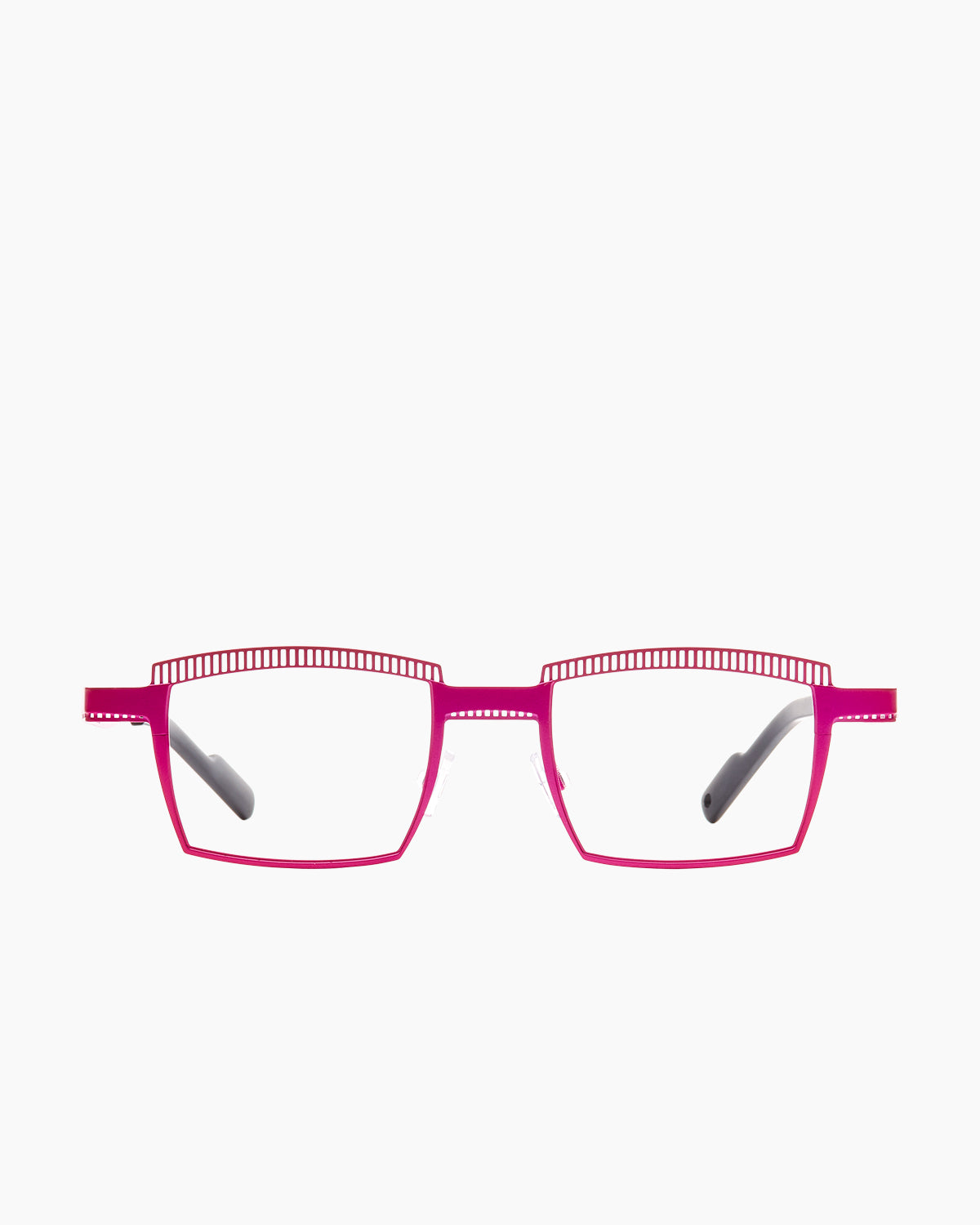 pink metal rectangle eyeglasses by Theo model Crayon, front view, lunettes de vue rectangle couleur rose