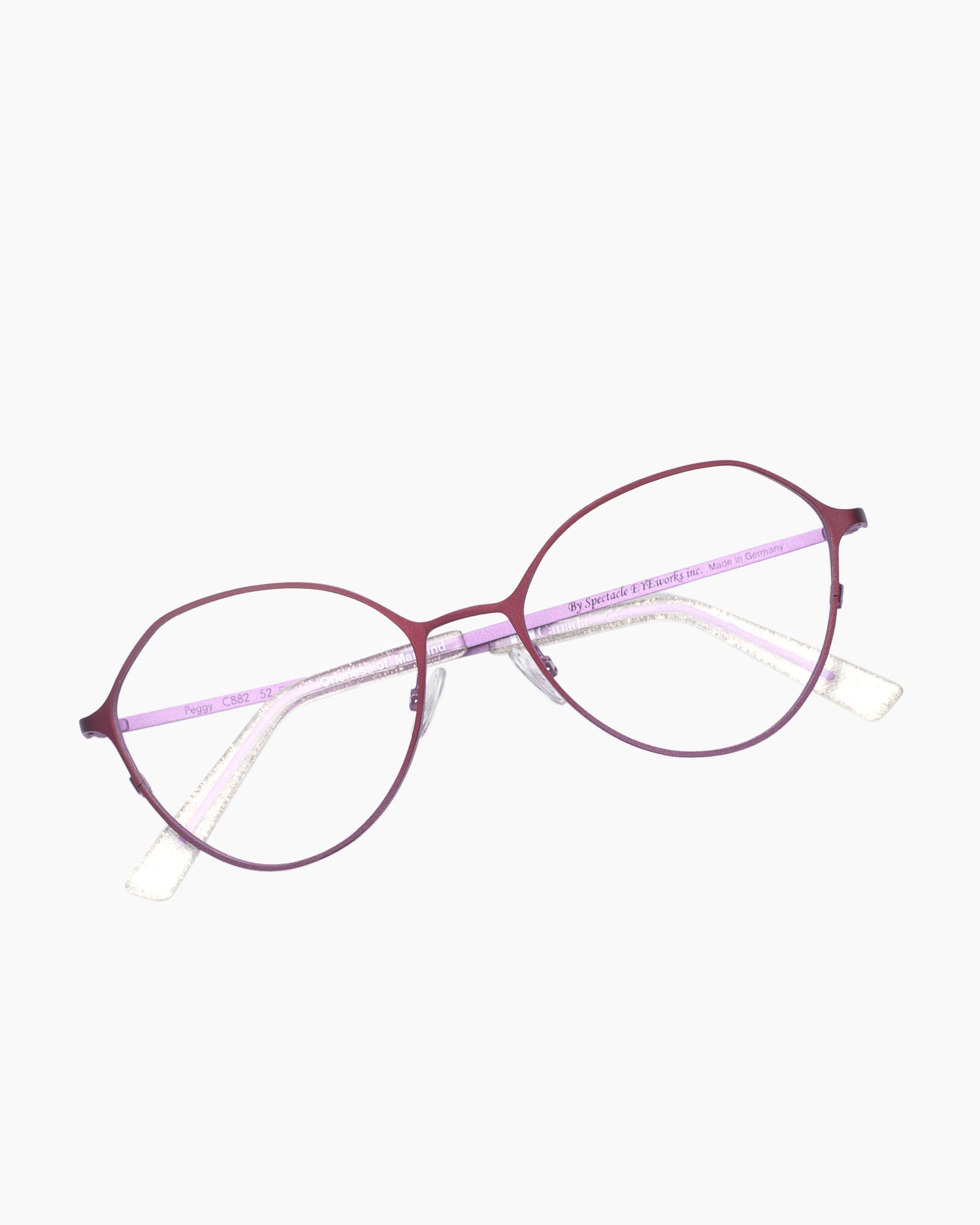pink metal butterfly eyeglasses by Spectacleeyeworks model Peggy, front view, lunettes de vue Rose papillon