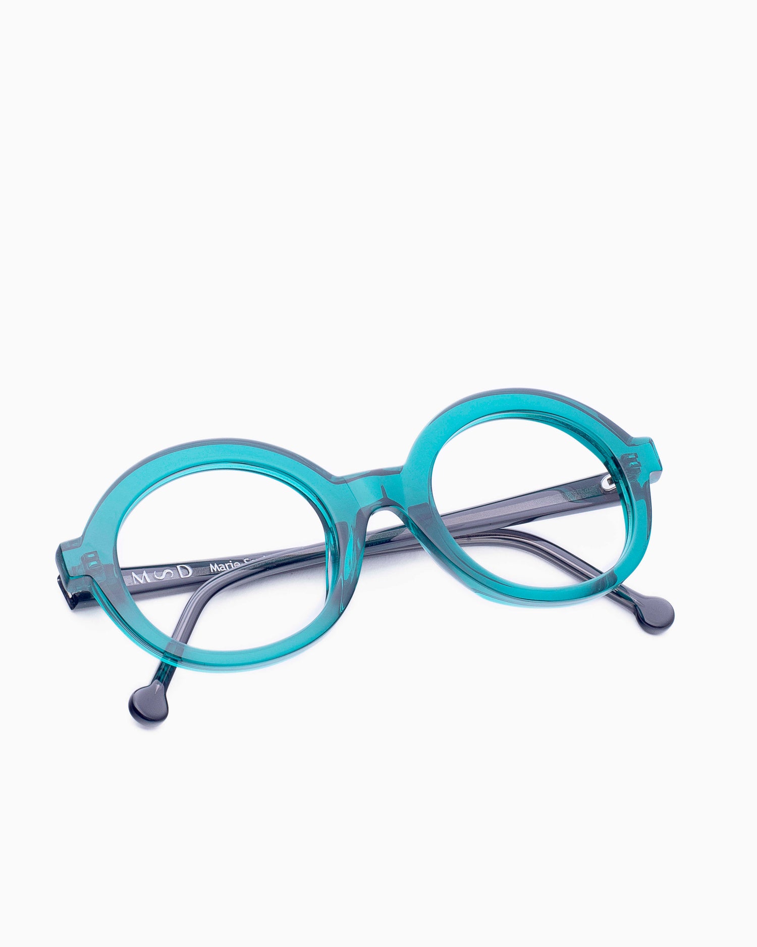 green plastic round eyeglasses by Marie-Sophie Dion model O'Malley, front view, lunettes de vue Vert rond