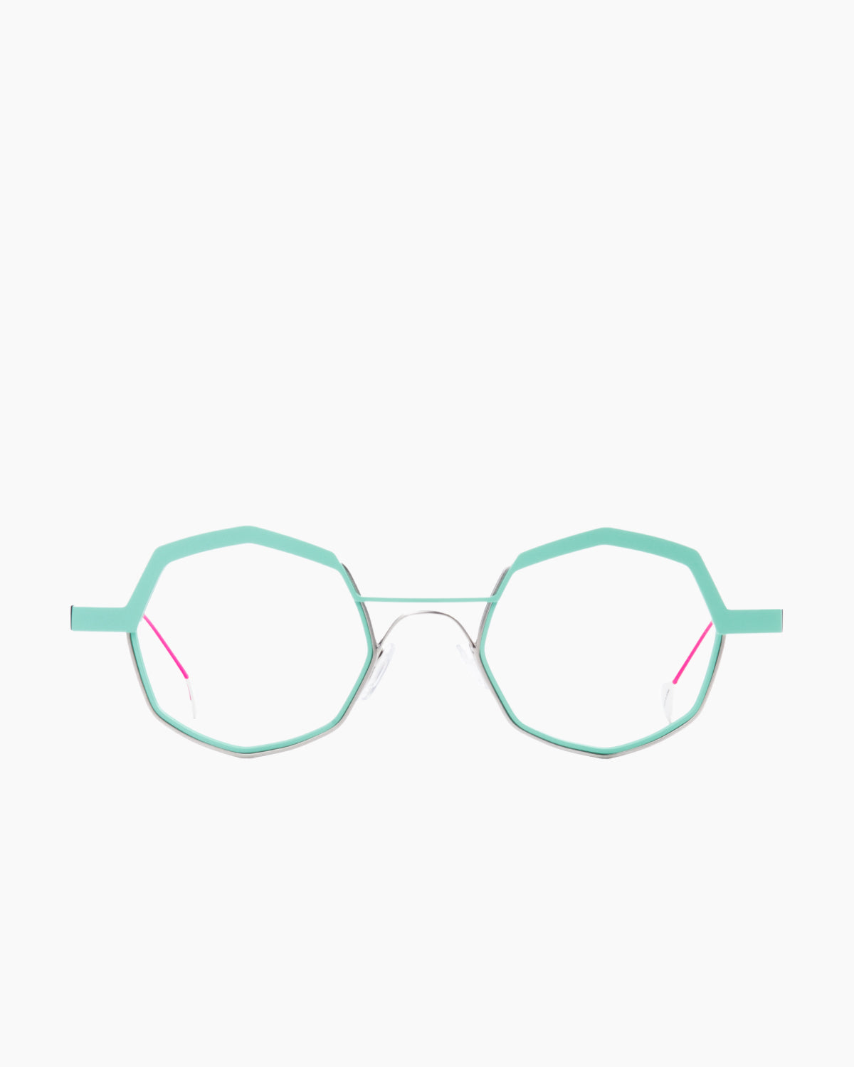 turquoise metal octogon eyeglasses by Anne et Valentin model Remind, front view, lunettes de vue turquoise octogone