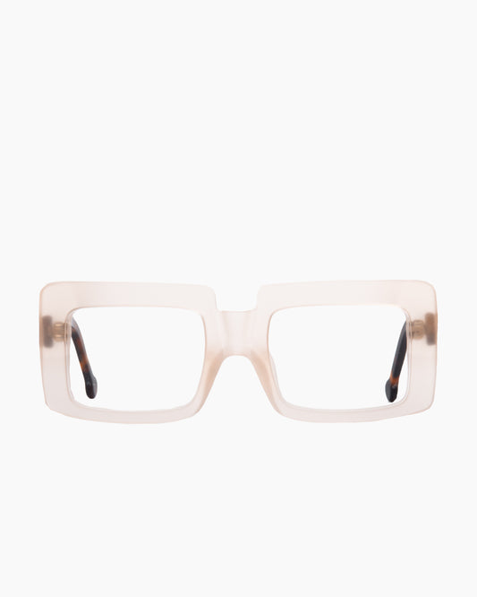 pink, beige plastic rectangle eyeglasses by Marie-Sophie Dion model SaintPierre, front view, lunettes de vue rectangle couleur rose, beige