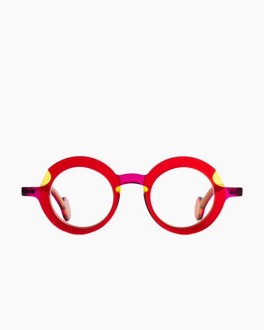 red plastic round eyeglasses by Theo model Sara, front view, lunettes de vue rond couleur rouge