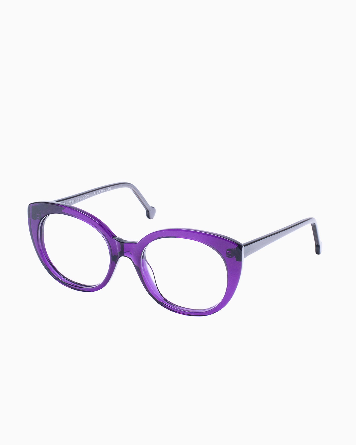 purple plastic cat eyeglasses by Marie-Sophie Dion model Monroe, front view, lunettes de vue chat couleur violet