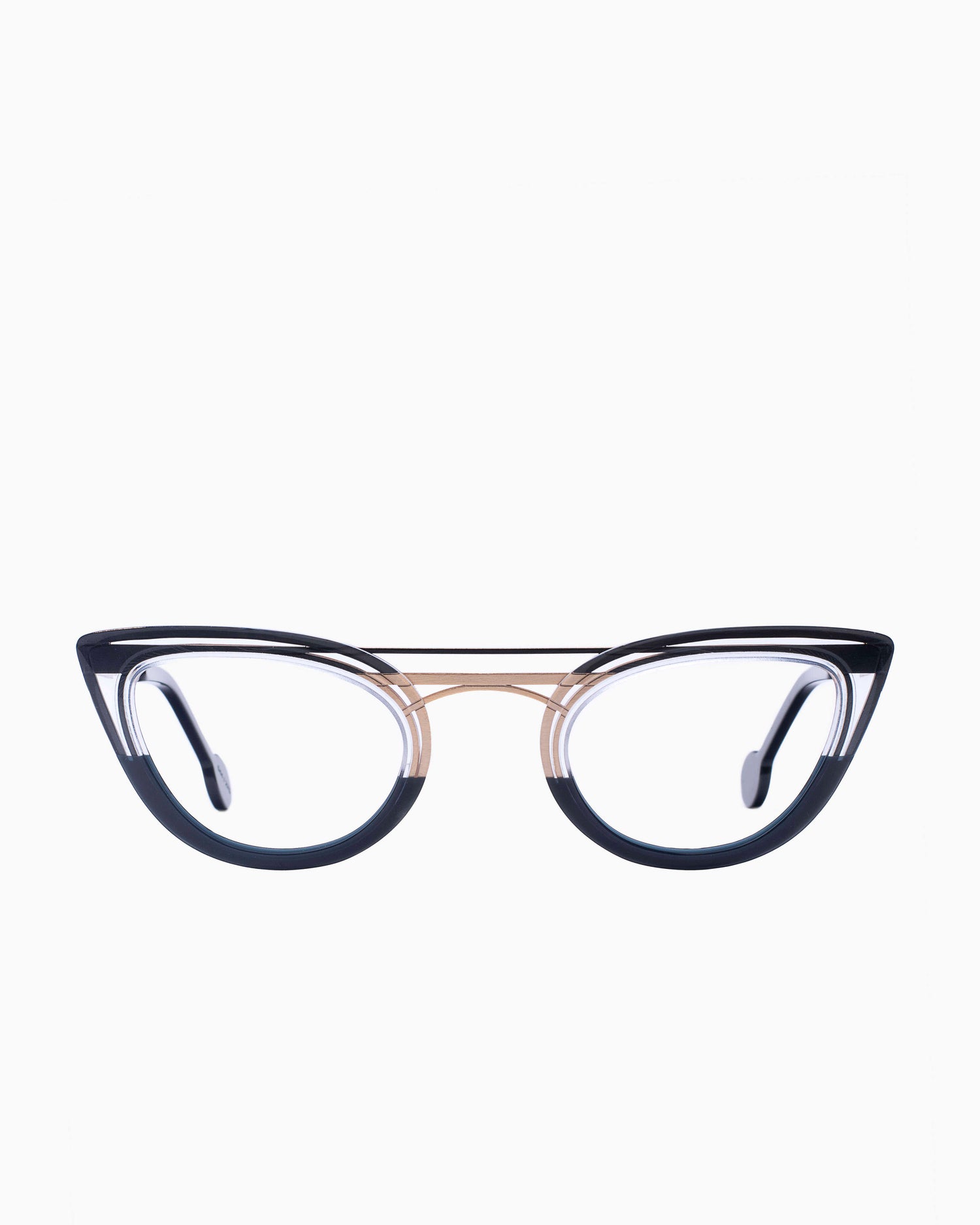 black metal cat eyeglasses by Anne et Valentin model Labyrinthe3, front view, lunettes de vue chat couleur Noir