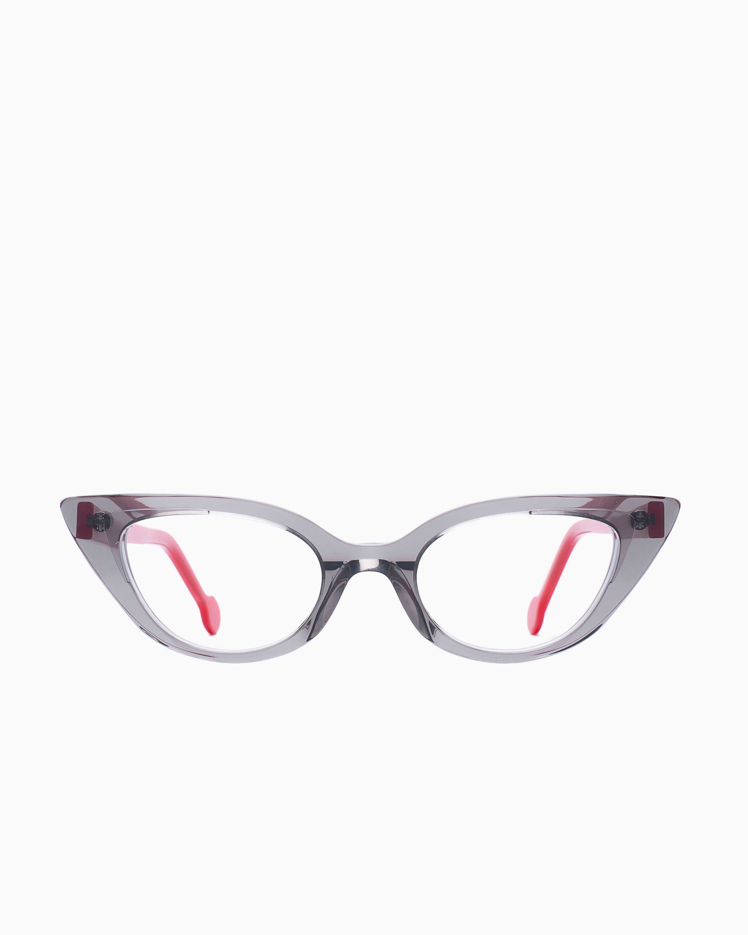 grey plastic cat eyeglasses by Anne et Valentin model ILOVE, front view, lunettes de vue chat couleur Gris