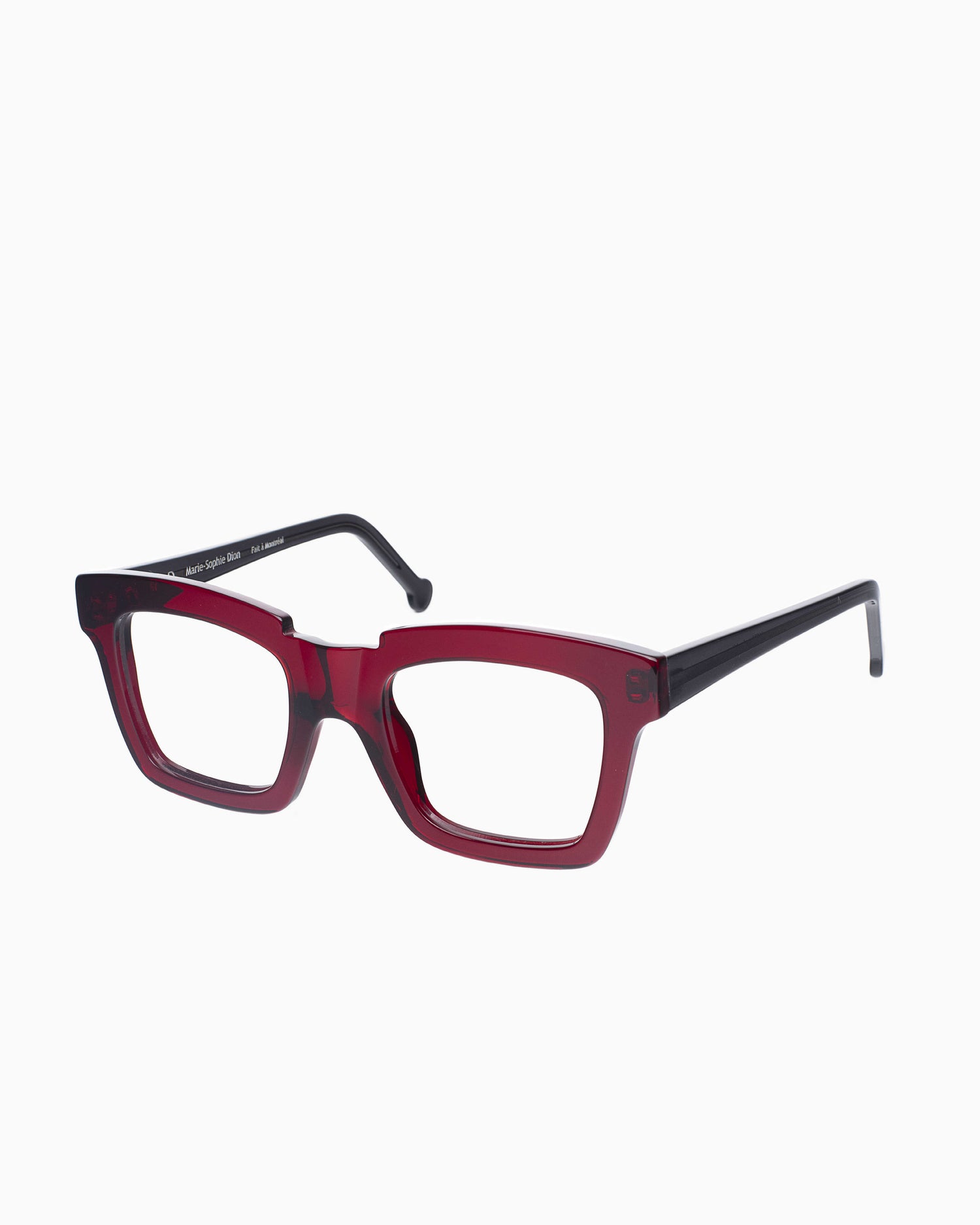 red plastic rectangle eyeglasses by Marie-Sophie Dion model Willard, front view, lunettes de vue rectangle couleur bourgogne