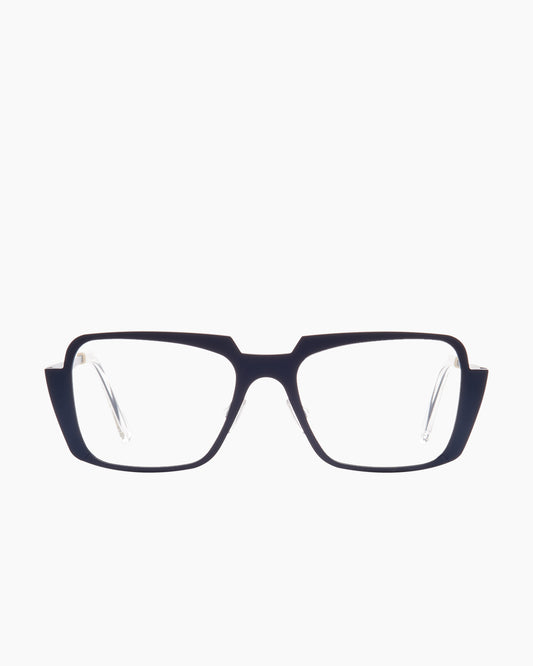 blue metal rectangle eyeglasses by Theo model Demain, front view, lunettes de vue rectangle couleur bleu