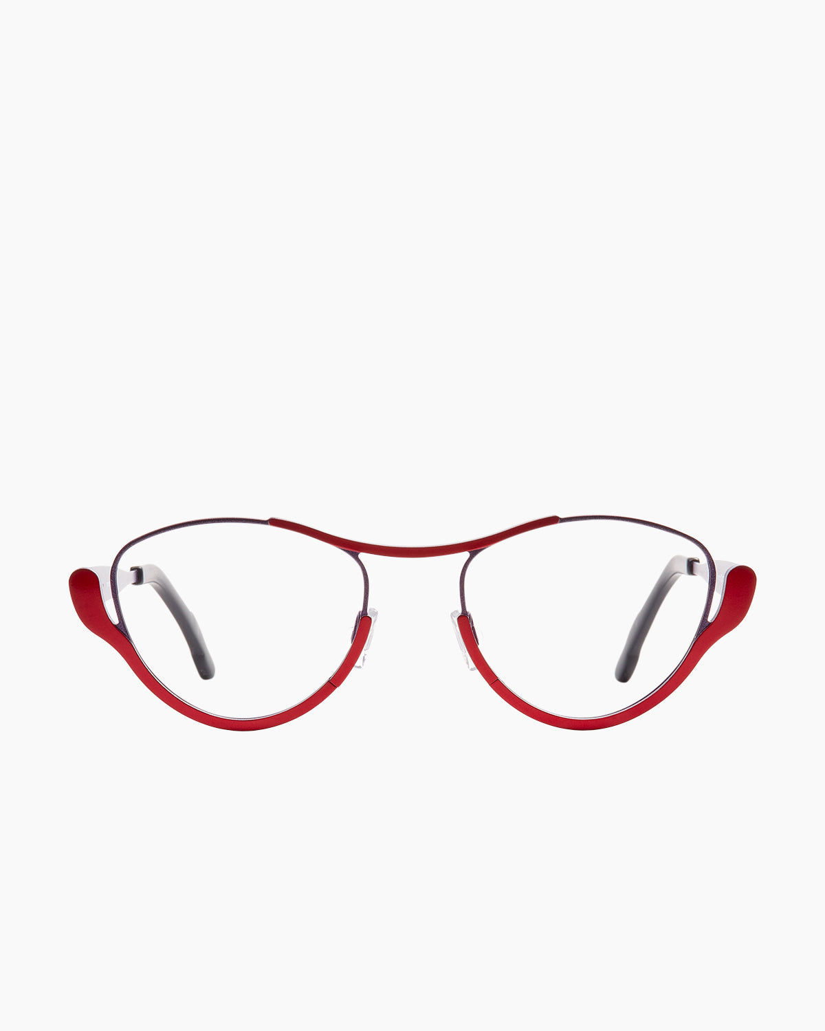 red metal cat eyeglasses by Theo model Jump, front view, lunettes de vue chat couleur rouge