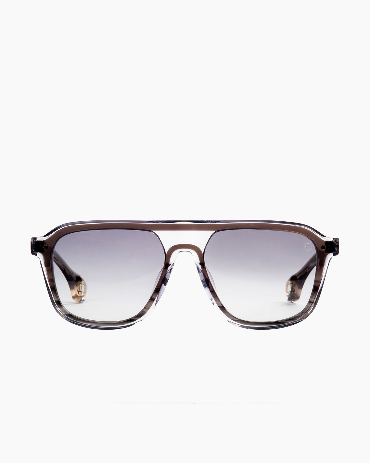 grey plastic aviator  sunglassesby Blake Kuwahara model , front view, lunettes de vue gris aviateur