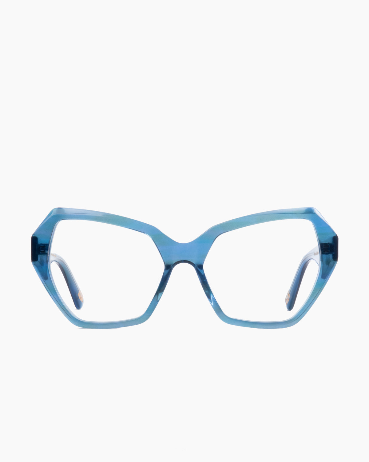 blue plastic butterfly eyeglasses by Spectacleeyeworks model Wendy, front view, lunettes de vue Bleu papillon