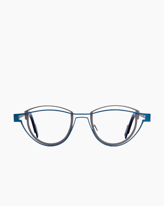 blue metal butterfly eyeglasses by Theo model Shape, front view, lunettes de vue papillon couleur Bleu