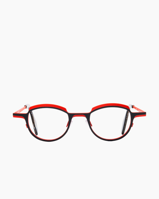 red metal oval eyeglasses by Theo model asscher, front view, lunettes de vue ovale couleur rouge
