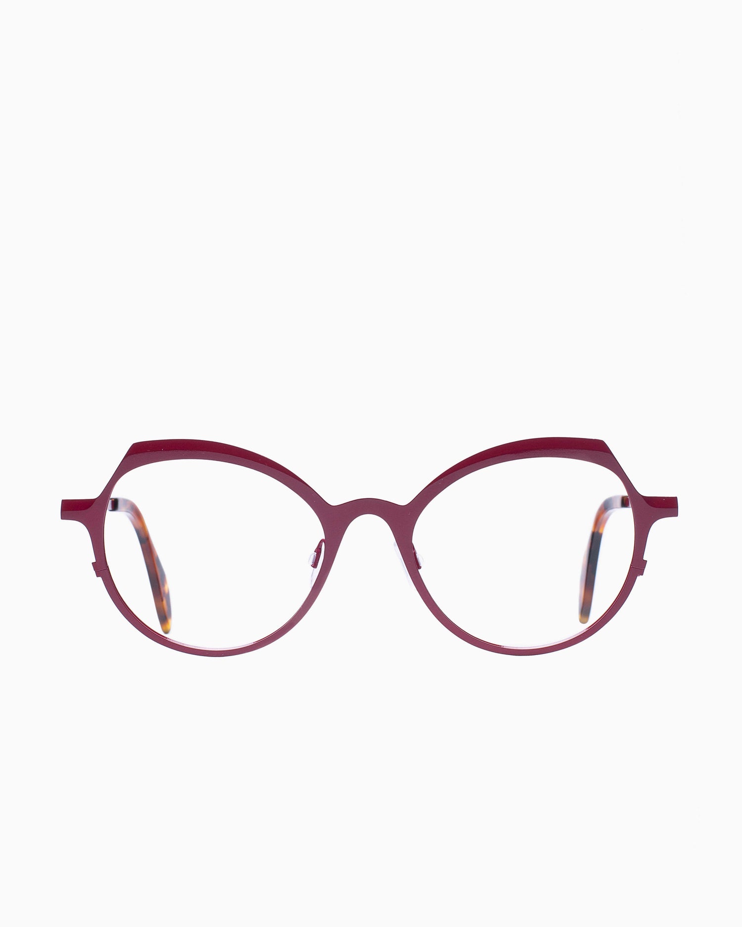 burgundy metal butterfly eyeglasses by Theo model Pendeloque, front view, lunettes de vue papillon couleur bourgogne