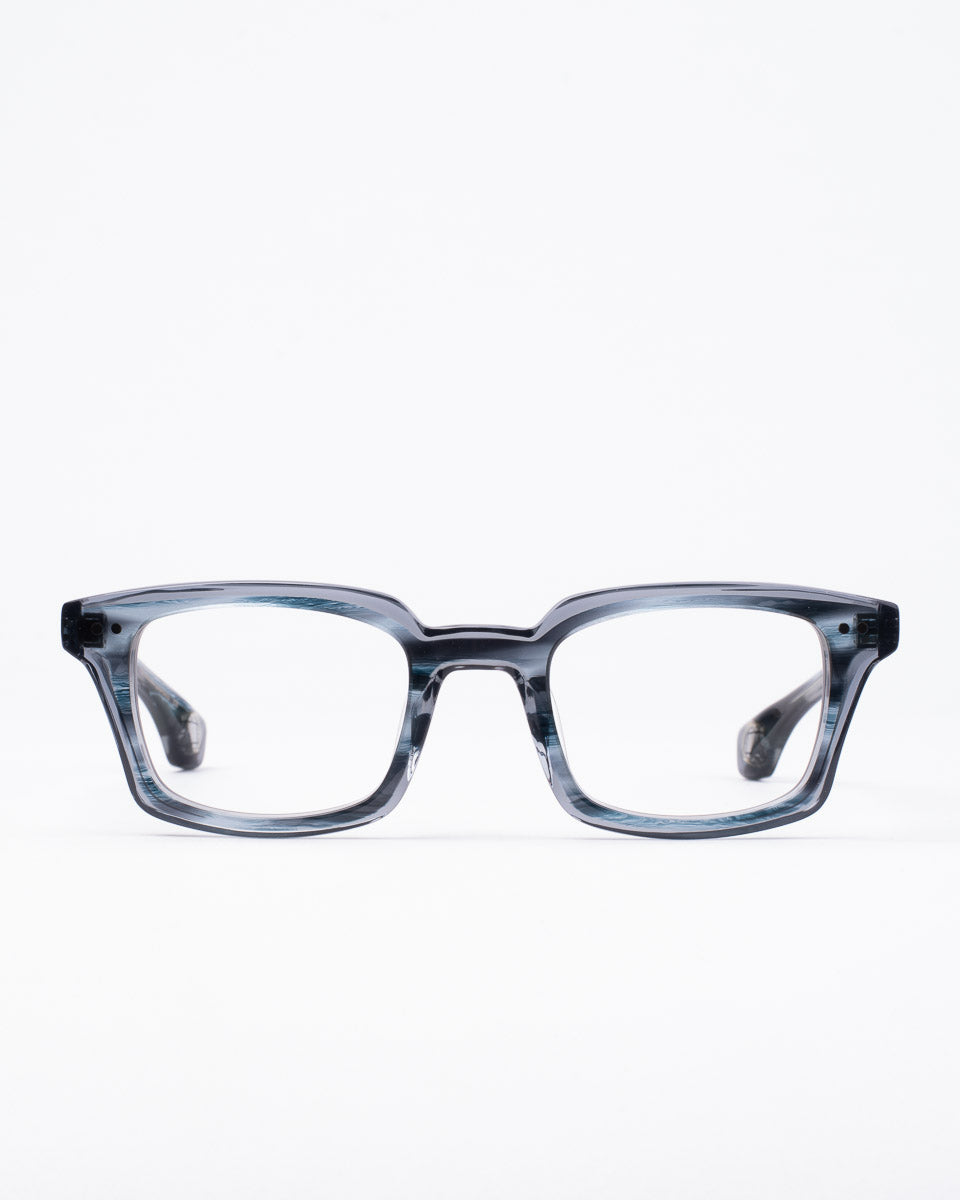blue plastic rectangle eyeglasses by Blake Kuwahara model Nelson, front view, lunettes de vue rectangle couleur Bleu