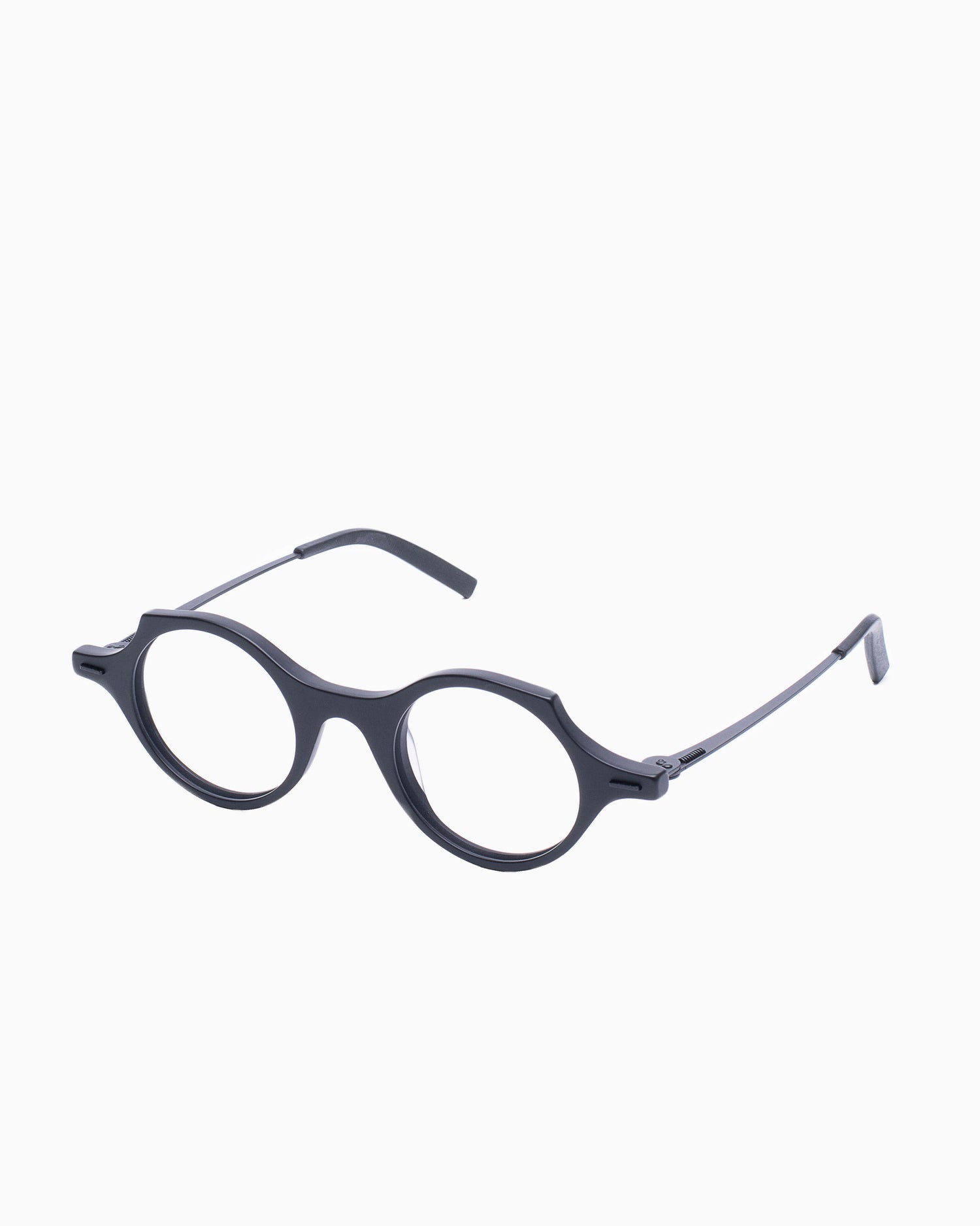 black plastic round eyeglasses by Theo model patatas, front view, lunettes de vue Noir rond