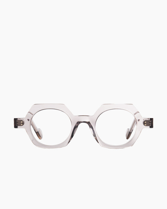grey plastic hexagon eyeglasses by Anne et Valentin model DELPY, front view, lunettes de vue hexagone couleur gris