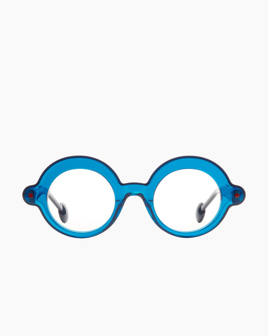 blue plastic round eyeglasses by Anne et Valentin model Blup, front view, lunettes de vue rond couleur bleu
