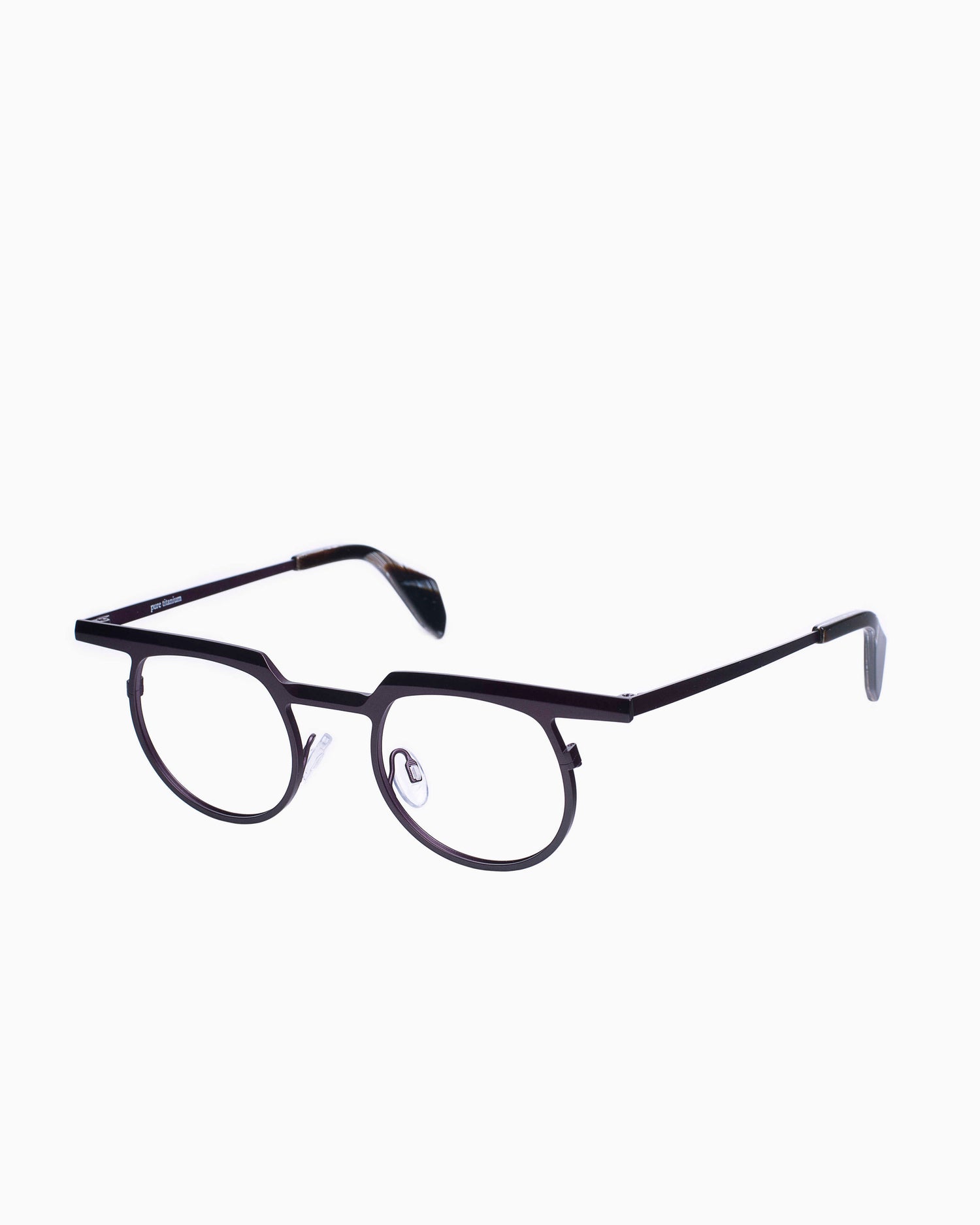 purple metal round eyeglasses by Theo model Zinnia, front view, lunettes de vue violet rond