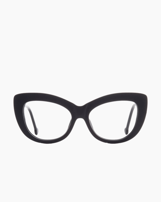 black plastic cat eyeglasses by Marie-Sophie Dion model Gatsby, front view, lunettes de vue chat couleur noir